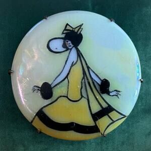 Art Deco Flapper Brooch 1.5” Hand Painted Porcelain Pin  Luster China Brooch